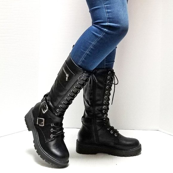 New Black Lace Up Knee High Combat Military Boots - Picture 4 of 6
